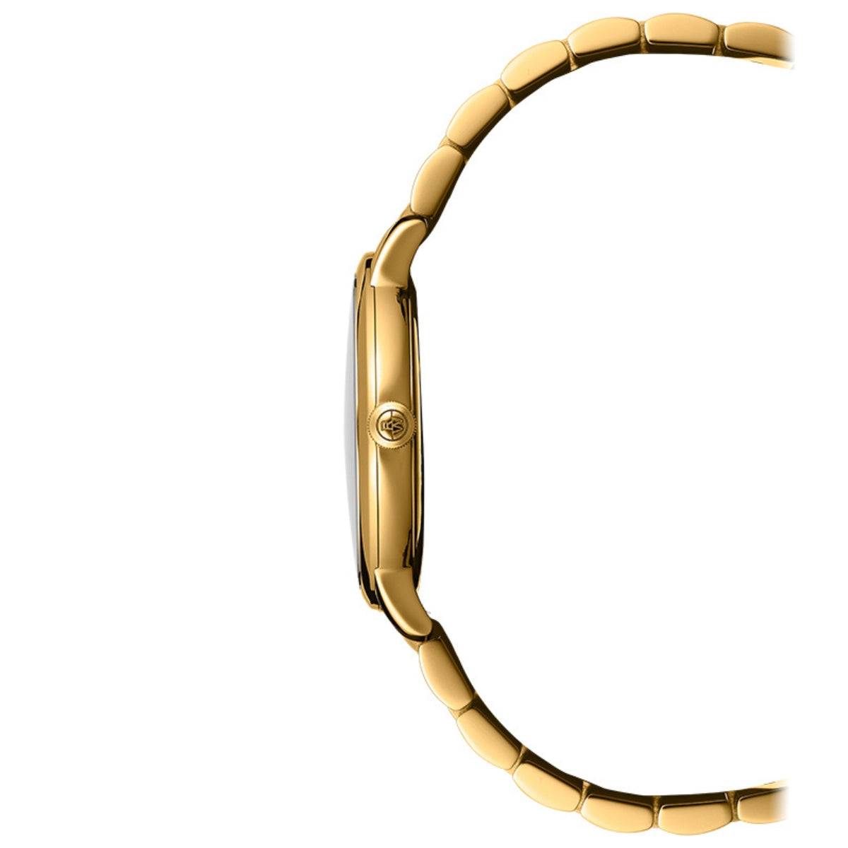 Zijaanzicht van de Raymond Weil Toccata Herenhorloge 39mm met goudkleurige kast en armband. Slank Swiss Made design voor stijlvolle heren.