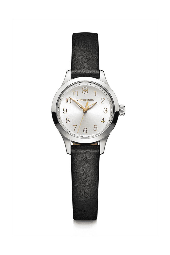 Victorinox Alliance XS 241878 dameshorloge 28mm met zilverkleurige wijzerplaat, zwarte leren band en 11 Swarovski-kristallen. Zwitsers quartz uurwerk.