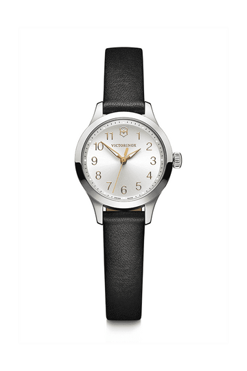 Victorinox Alliance XS 241878 dameshorloge 28mm met zilverkleurige wijzerplaat, zwarte leren band en 11 Swarovski-kristallen. Zwitsers quartz uurwerk.