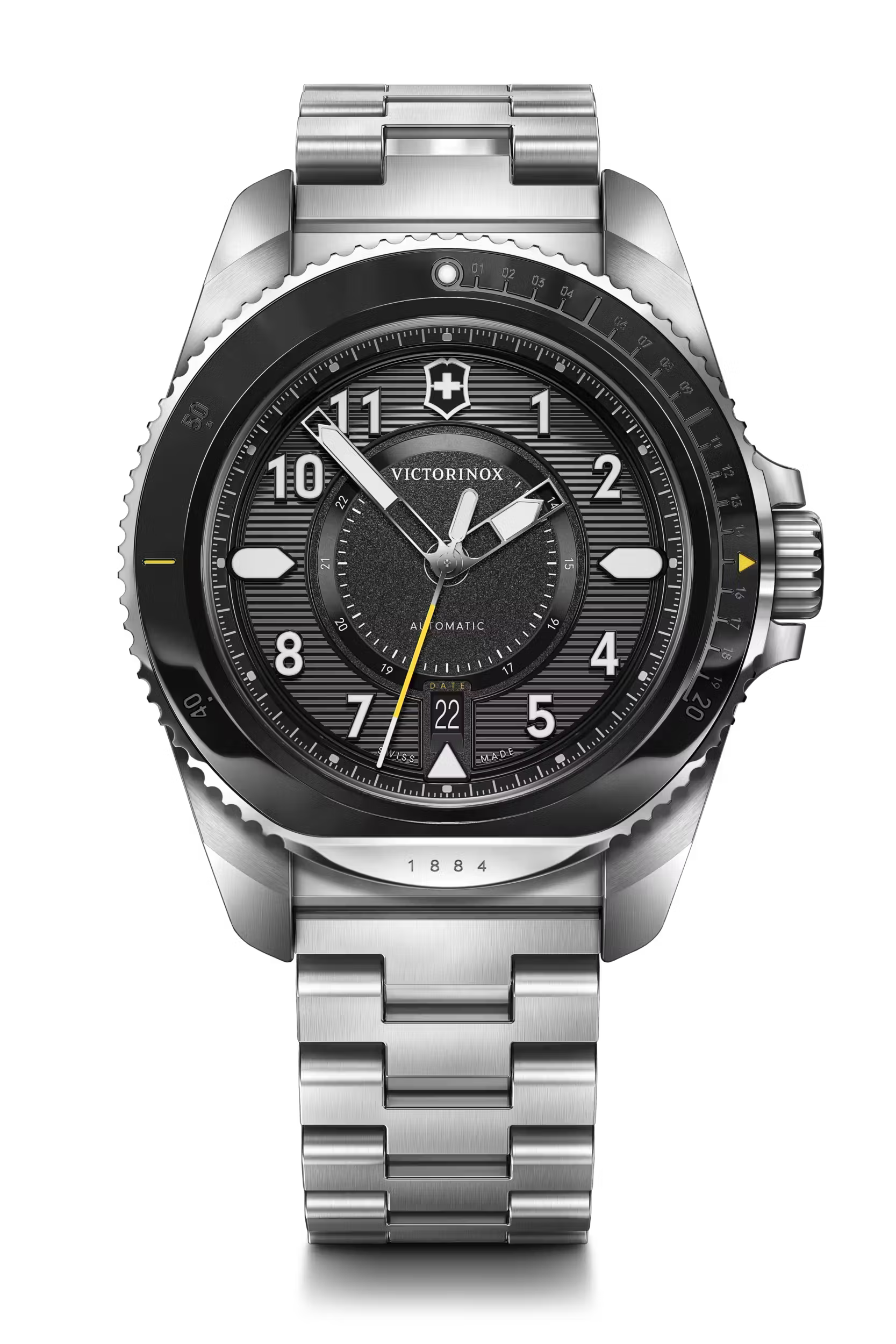 Victorinox Journey 1884 horloge heren 43mm met zwarte wijzerplaat, automatische uurwerk en roestvrijstalen band, waterdicht tot 20 ATM.