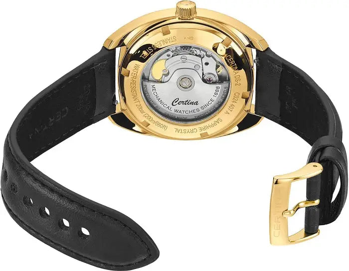 Achteraanzicht van de Certina DS-2 Powermatic 80 - C0244073736100 herenhorloge 40mm met zichtbare Zwitserse mechanische uurwerk en gouden kast.