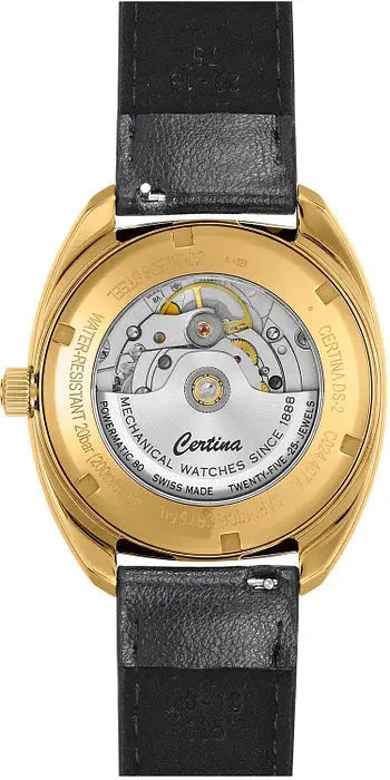 Achterzijde van de Certina DS-2 Powermatic 80 - C0244073736100 herenhorloge 40mm met zichtbare Zwitserse mechanische uurwerkdetails.