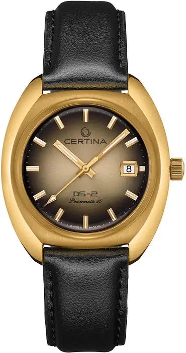 Certina DS-2 Powermatic 80 - C0244073736100 herenhorloge 40mm met goudkleurige kast en zwart leren bandje, Swiss Made precisie.