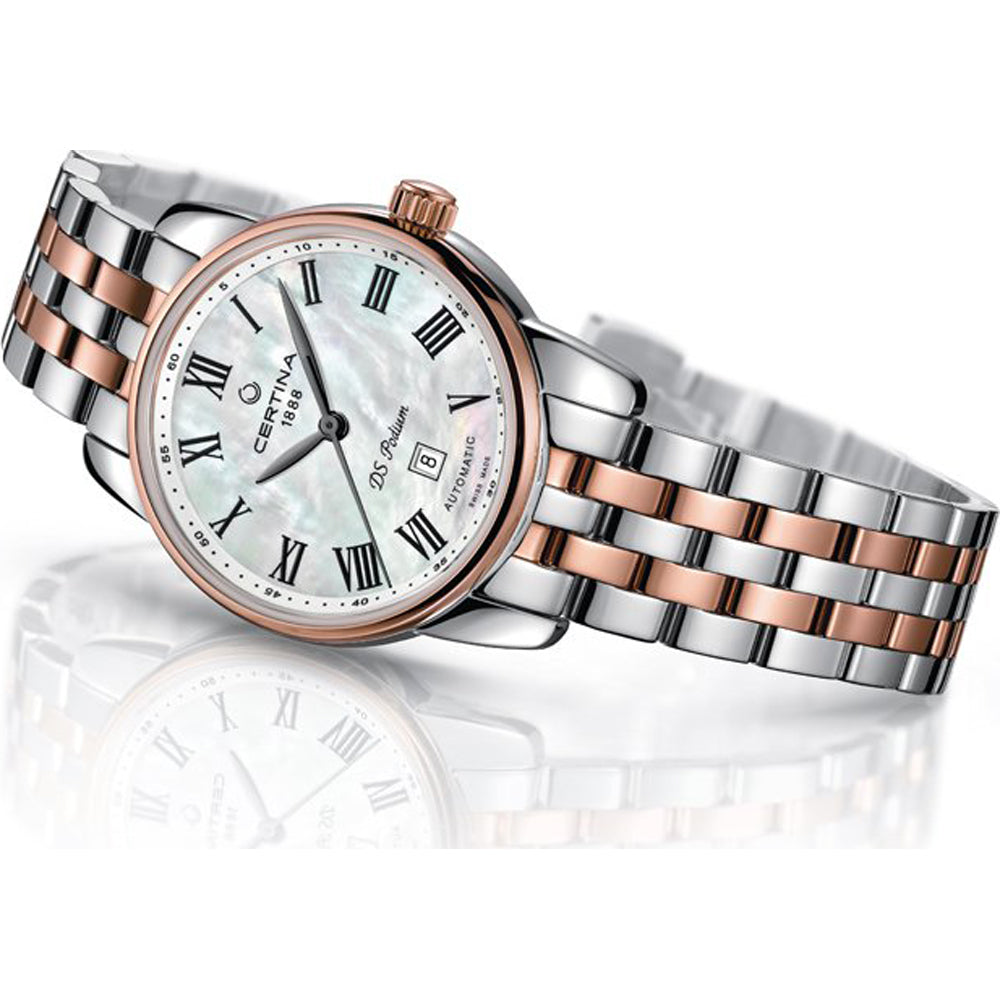 Certina DS C0010072211300 Podium Automatic Dameshorloge 29mm met parelmoer wijzerplaat en roségoud-zilveren schakelband. Luxe Swiss Made dames horloge.