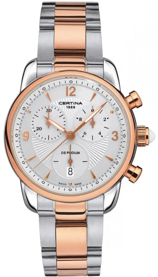 Certina DS Podium Chrono Dameshorloge 34,5mm met roségoud en zilveren schakelband. Luxe Swiss Made dames horloge met chronograaf en datumweergave.