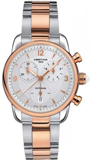 Certina DS Podium Chrono Dameshorloge 34,5mm met roségoud en zilveren schakelband. Luxe Swiss Made dames horloge met chronograaf en datumweergave.