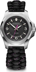 Victorinox I.N.O.X. dameshorloge 37mm met zwart paarse paracord band en roestvrijstalen kast, waterdicht tot 200 meter.
