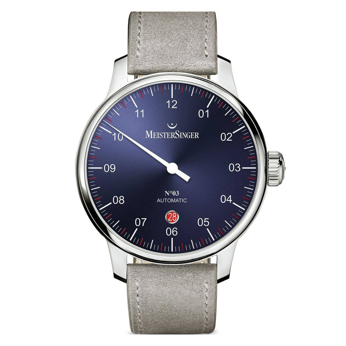 Meistersinger No03 DM908 herenhorloge met blauw wijzerplaat, éénwijzerontwerp en grijze lederen band. Automatisch 40mm horloge voor heren.