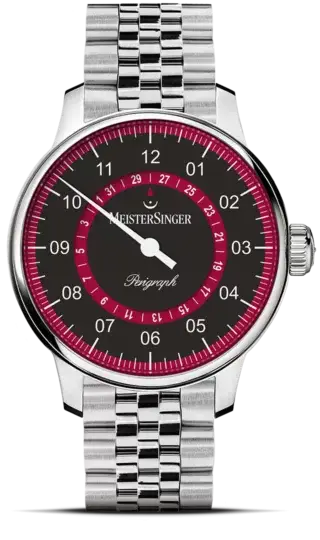 Meistersinger Perigraph 43mm herenhorloge AM1002R met zwart-rode wijzerplaat en automatische uurwerk, roestvrijstalen schakelband.