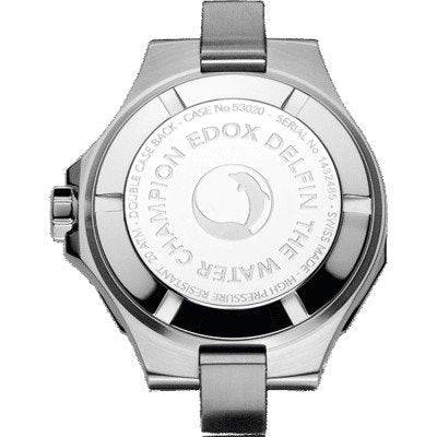 Achterkant van Edox Delfin Dames Duikhorloge 38mm 20 ATM met gegraveerd logo en specificaties, ideaal voor duiken en dagelijks gebruik.
