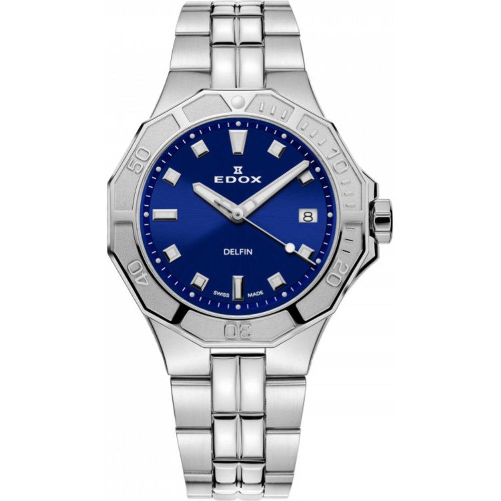 Edox Delfin Diver Horloge 53020-3M-BUN met blauwe wijzerplaat en roestvrijstalen band, dameshorloge waterdicht tot 20 ATM.