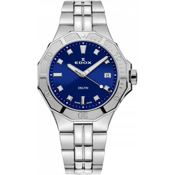Edox Delfin Diver Horloge 53020-3M-BUN met blauwe wijzerplaat en roestvrijstalen band, dameshorloge waterdicht tot 20 ATM.