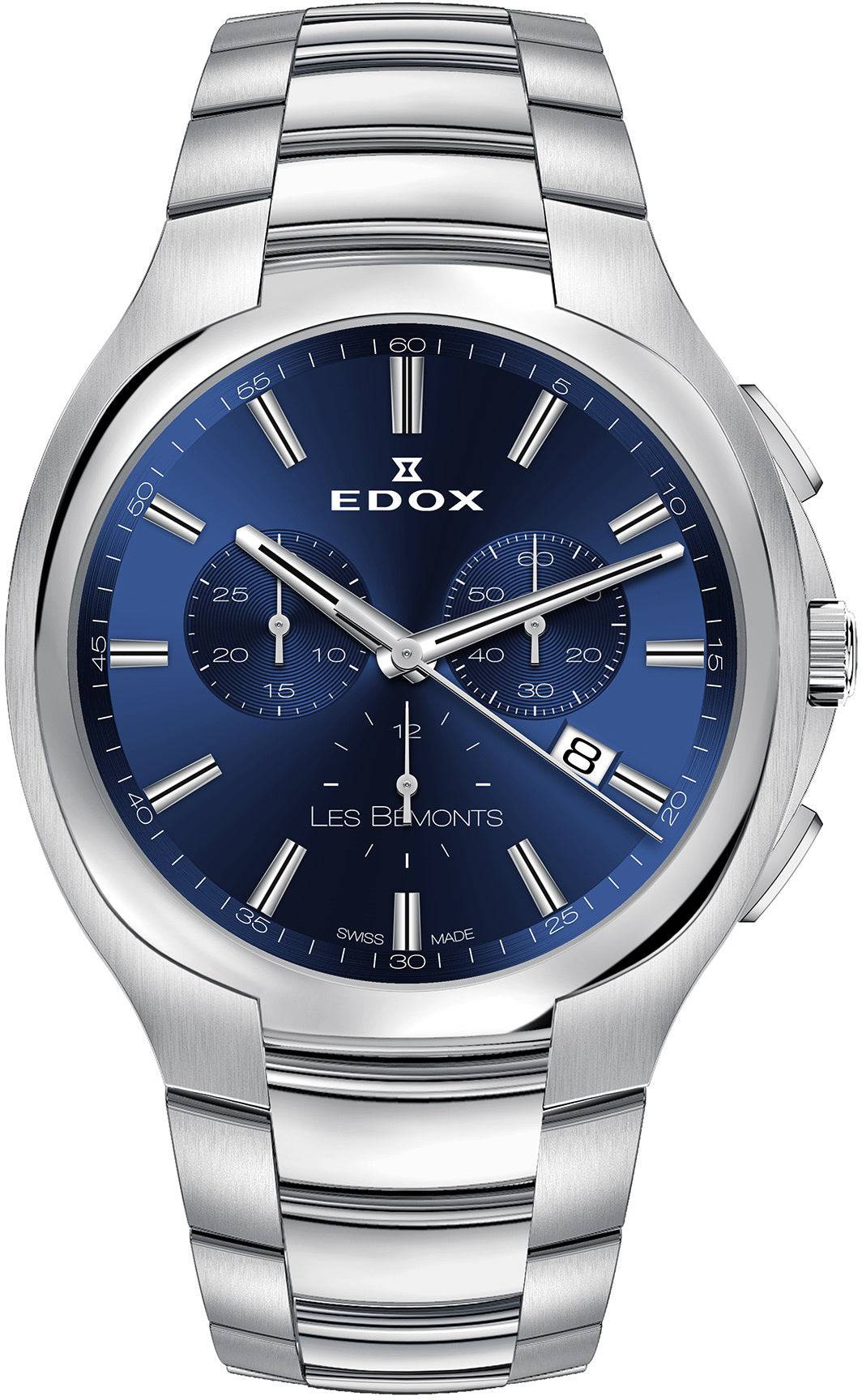 EDOX LES BÉMONTS 10239 3 BUIN Swiss Made chronograaf herenhorloge 42mm met blauwe wijzerplaat en roestvrijstalen band. Luxe Zwitsers quartz horloge voor heren.