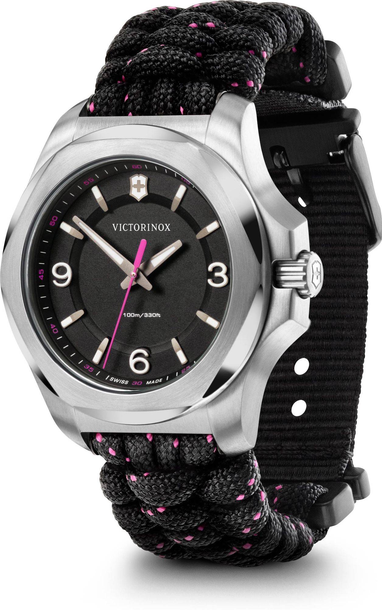 Victorinox I.N.O.X. Dameshorloge 37mm met zwarte wijzerplaat en roze accenten, robuuste roestvrijstalen kast en paracord band, Swiss Made.