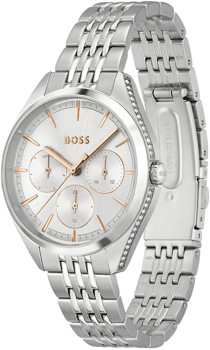 Hugo Boss horloge 38mm voor dames met roestvrijstalen band, zilverkleurige wijzerplaat en quartz uurwerk met datumfunctie.