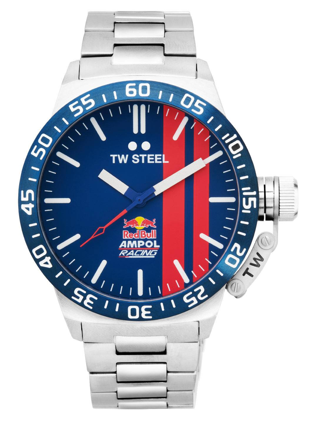 TW Steel CS111 Canteen Herenhorloge 45 mm met blauwe wijzerplaat, Red Bull Ampol Racing logo en zilverkleurige metalen band. Sportief horloge voor heren.
