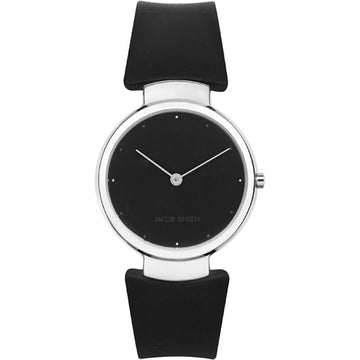 Jacob Jensen Classic collection JJ111 dameshorloge 35mm met minimalistisch zwart wijzerplaat en zilverkleurige behuizing. Elegant ontwerp met zwarte leren band, perfect voor dames.