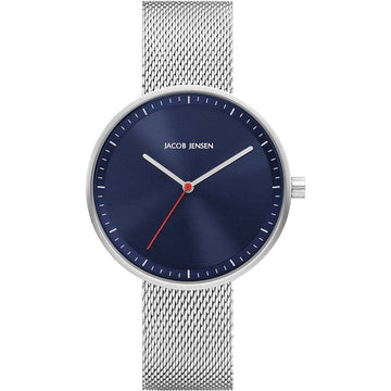 Jacob Jensen Strata JJ289 Strata dameshorloge 36mm met blauwe wijzerplaat en zilverkleurige mesh band, elegant en modern design.
