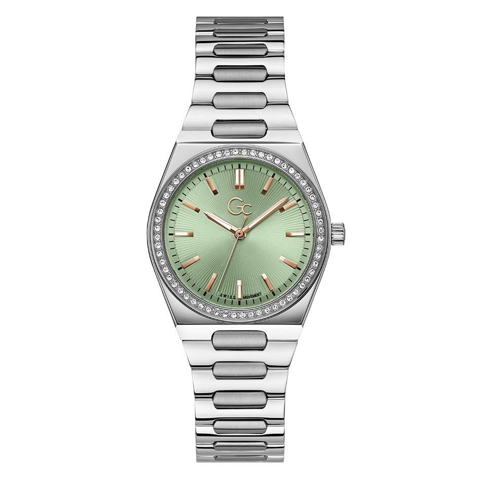 Gc Classic Dameshorloge 34mm - Z38001L9MF met groene wijzerplaat, roségouden accenten en zilverkleurige schakelband. Luxe Swiss Made dames horloge.