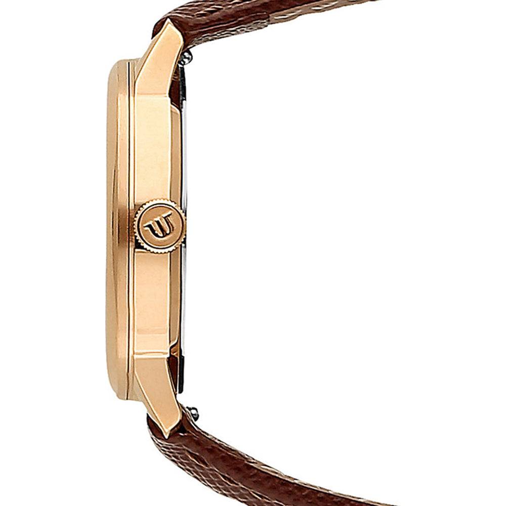 Zijaanzicht van de Maurice Lacroix Eliros Dameshorloge 30mm met roségouden kast en bruine leren band. Elegant Swiss Made dameshorloge.