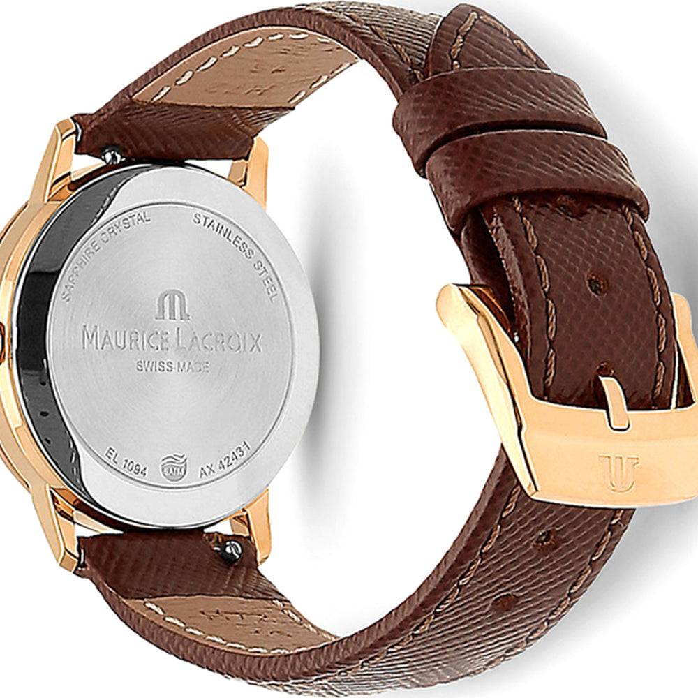 Achterkant van de Maurice Lacroix Eliros Dameshorloge 30mm met bruin lederen band en roségouden gesp. Swiss Made dameshorloge in luxe uitvoering.