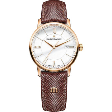 Maurice Lacroix Eliros Dameshorloge 30mm met roségouden kast en bruine lederen band, elegant Swiss Made dameshorloge voor elke gelegenheid.