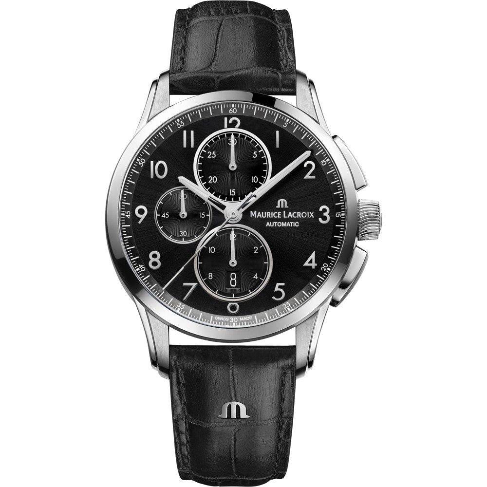 Maurice Lacroix Pontos PT6388-SS001-320-2 automatische chronograaf herenhorloge met zwarte leren band en zwarte wijzerplaat, Swiss Made.