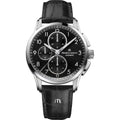 Maurice Lacroix Pontos PT6388-SS001-320-2 automatische chronograaf herenhorloge met zwarte leren band en zwarte wijzerplaat, Swiss Made.