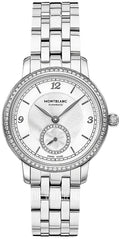 Montblanc Start legacy Small Second Automatic Diamonds Dameshorloge 32mm met zilveren wijzerplaat en diamanten bezel. Luxe Swiss Made dames horloge met kleine secondewijzer.