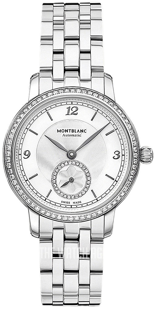 Montblanc Start legacy Small Second Automatic Diamonds Dameshorloge 32mm met zilveren wijzerplaat en diamanten bezel. Luxe Swiss Made dames horloge met kleine secondewijzer.