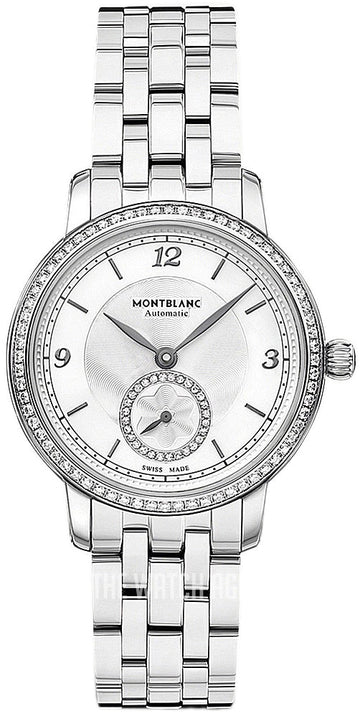 Montblanc Start legacy Small Second Automatic Diamonds Dameshorloge 32mm met zilveren wijzerplaat en diamanten bezel. Luxe Swiss Made dames horloge met kleine secondewijzer.