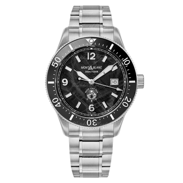Montblanc 1858 Iced Sea Automatic Date ref: 129371 Herenhorloge 41mm met zwarte wijzerplaat en roestvrijstalen band. Luxe Zwitsers duikhorloge voor heren.