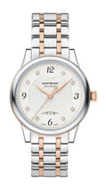 Montblanc Bohème Date Automatic ref:111058 dameshorloge 30mm met roségoud en zilveren schakelband, elegante wijzerplaat met datumfunctie.