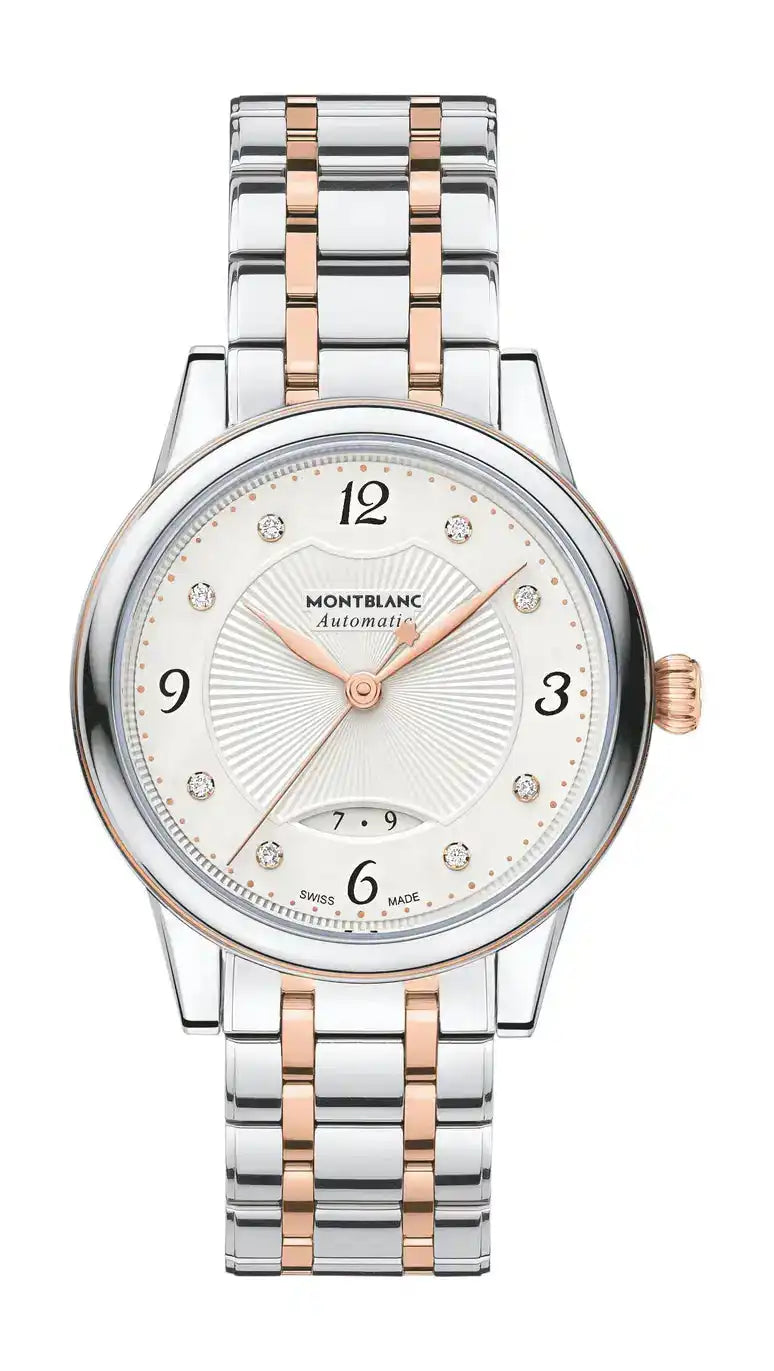 Montblanc Bohème Date Automatic ref:111058 dameshorloge 30mm met roségoud en zilveren schakelband, elegante wijzerplaat met datumfunctie.