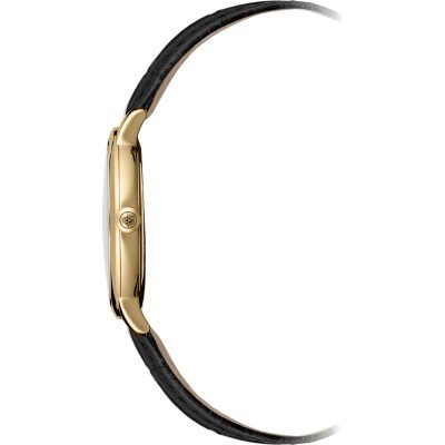 Zijaanzicht van de Raymond Weil Toccata 5985-PC5-00859 dameshorloge met goudkleurige kast en zwarte lederen band. Raymond Weil Toccata dameshorloge kopen.