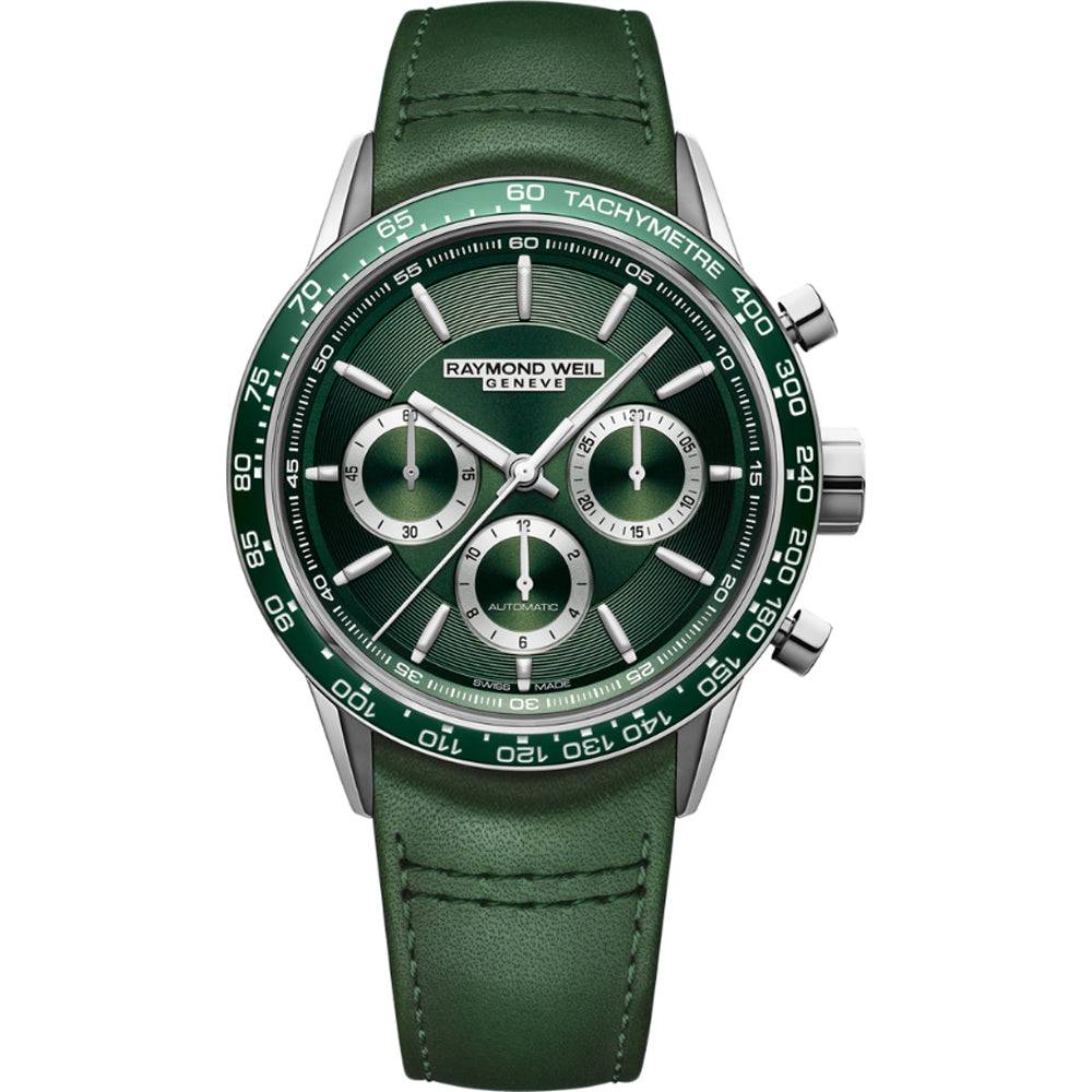 Raymond Weil Freelancer Horloge 7741-SC7-52021 met groene leren band en tachymeter, herenhorloge met chronograaf en Zwitserse precisie.