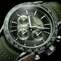 Raymond Weil Freelancer Horloge 7741-SC7-52021 met groene wijzerplaat en leren band, heren horloge met tachymeter en chronograaf functies.
