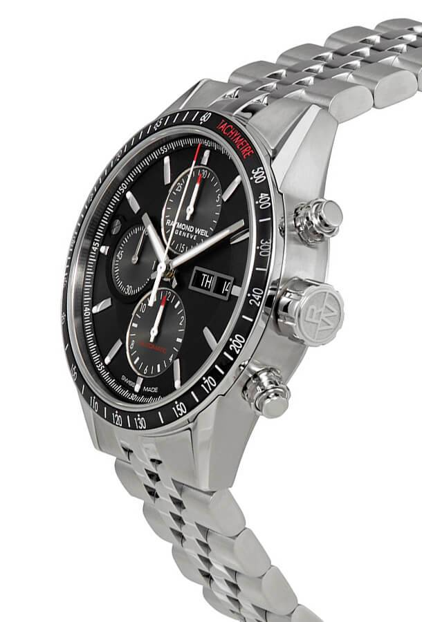 Raymond Weil Freelancer 7731-ST1-20621 automatisch chronograaf herenhorloge 42mm met zwarte wijzerplaat en roestvrijstalen schakelband. Luxe Swiss Made horloge voor heren in de categorie horloges.