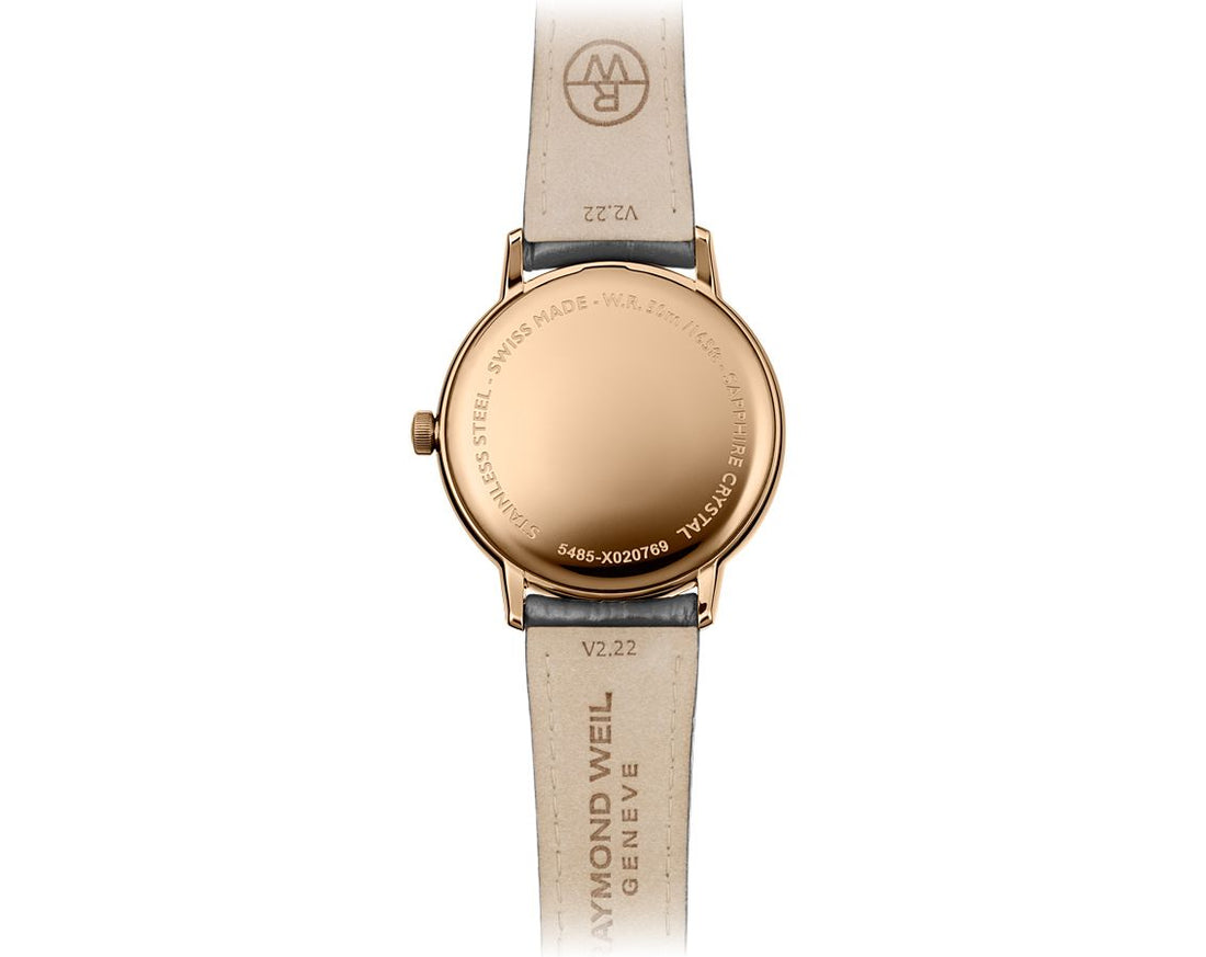 Raymond Weil Toccata dameshorloge kopen met roségouden kast, grijze leren band en Romeinse cijfers op een champagnekleurige wijzerplaat.