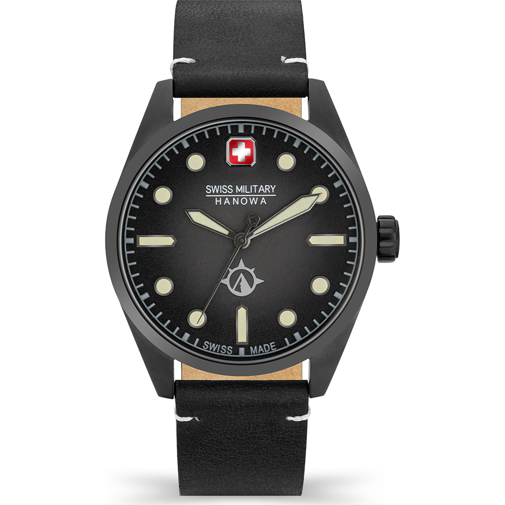 Swiss Military Hanowa Land SMWGA2100540 Horloge met zwarte wijzerplaat en leren band, heren horloge voor outdoor en dagelijks gebruik.