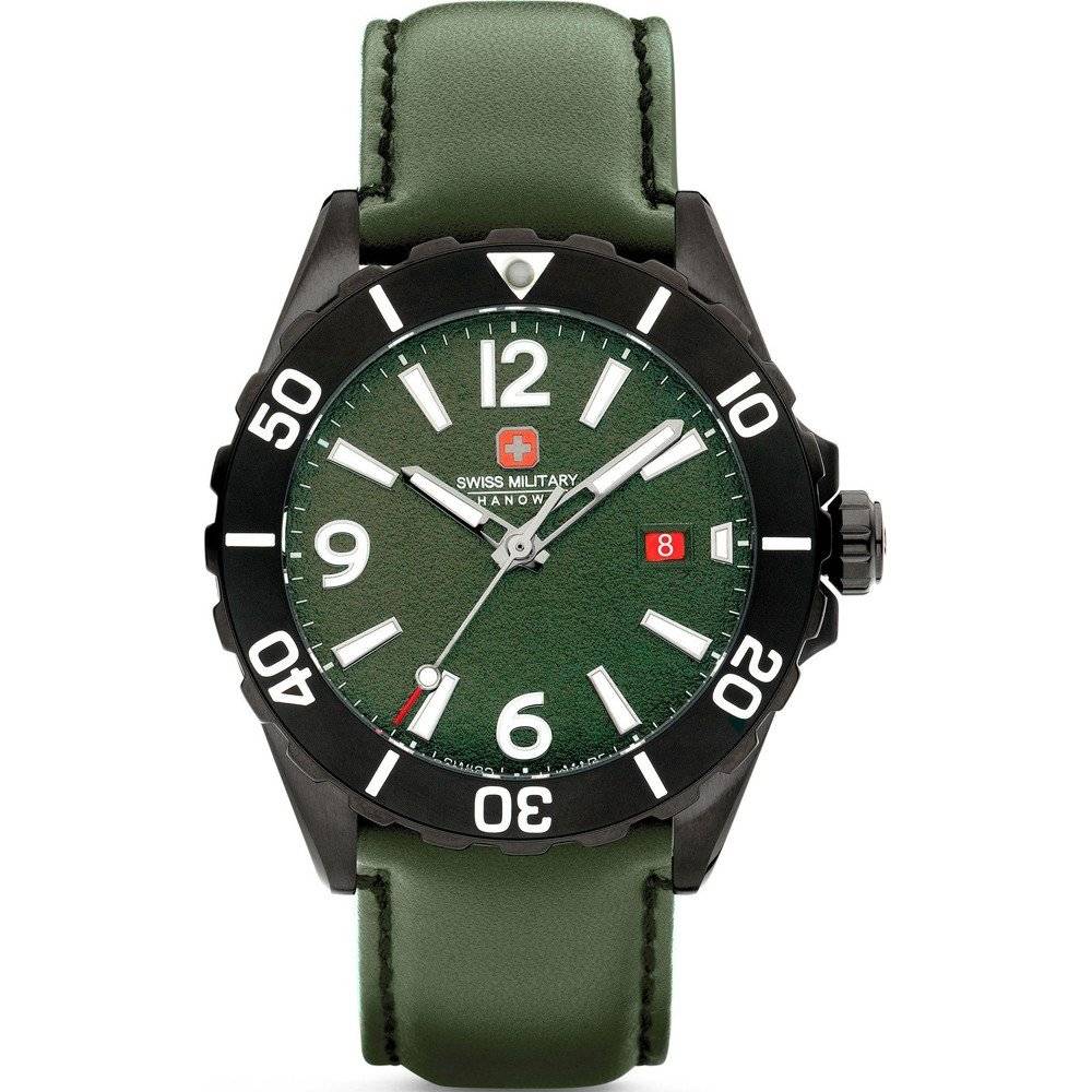 Swiss Military Hanowa Carbon Peak 44mm horloge met groene wijzerplaat en leren band, herenhorloge voor outdoor en dagelijks gebruik.