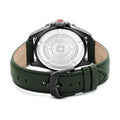 Swiss Military Hanowa Carbon Peak 44mm horloge met groene lederen band en zwarte gesp, achteraanzicht van de robuuste horlogekast.