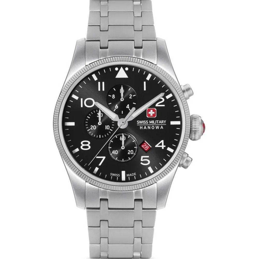 Swiss Military Hanowa SMWGI0000405 Thunderbolt Chrono herenhorloge 43mm met zwarte wijzerplaat en zilveren roestvrijstalen band. Sportief en robuust Swiss Made horloge voor heren, ideaal voor dagelijks gebruik of outdoor activiteiten.