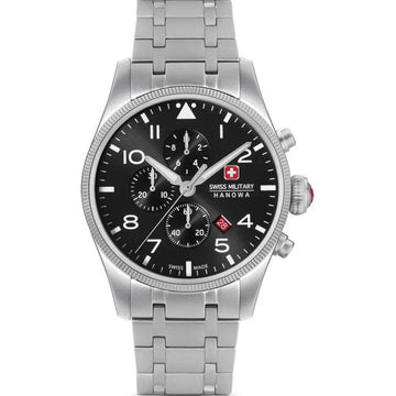 Swiss Military Hanowa SMWGI0000405 Thunderbolt Chrono herenhorloge 43mm met zwarte wijzerplaat en zilveren roestvrijstalen band. Sportief en robuust Swiss Made horloge voor heren, ideaal voor dagelijks gebruik of outdoor activiteiten.