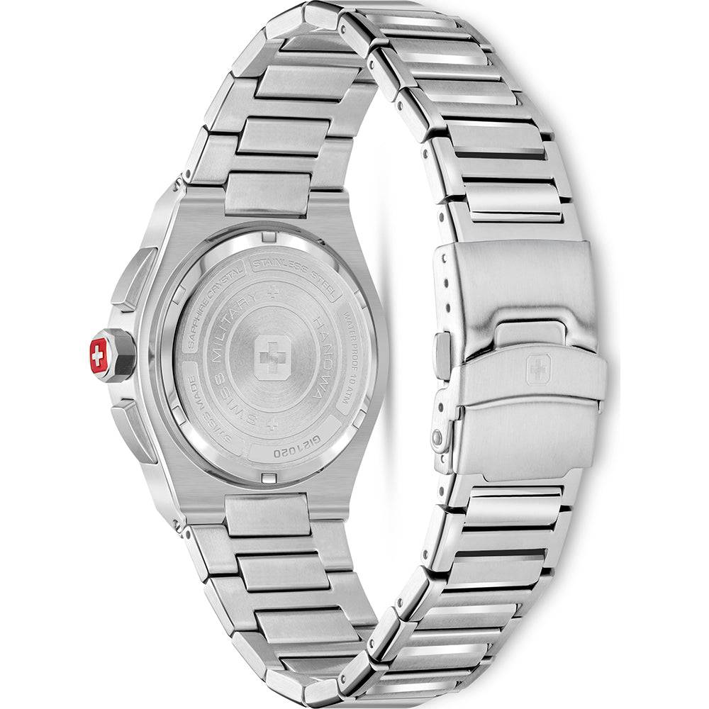 Achterzijde van Swiss Military Hanowa herenhorloge SMWGI2102001 met gegraveerde kastdeksel en stevige vouwsluiting.