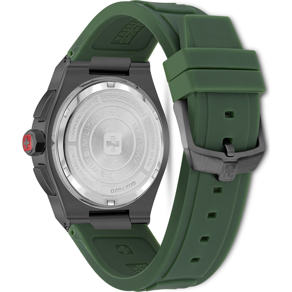 Achterkant van de Swiss Military Hanowa Land Sonoran Herenhorloge 43mm met groene siliconen band en roestvrijstalen kastdeksel. Swiss Made kwaliteit.