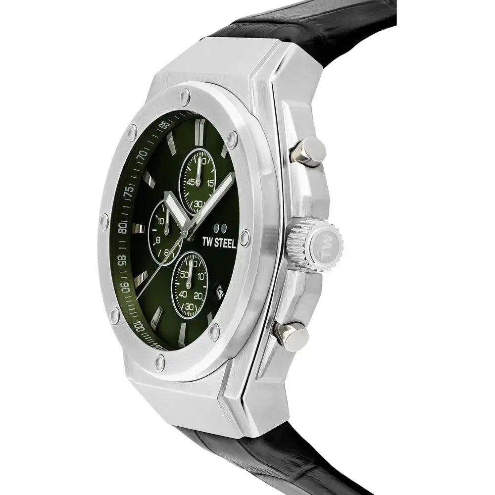 TW Steel CEO herenhorloge 44mm CE4101 met groene wijzerplaat, zilverkleurige kast en zwarte leren band, ideaal voor stijlvolle mannen.