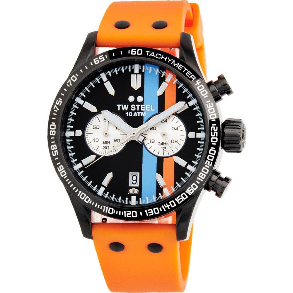 TW Steel VS124 Horloge 45mm met oranje siliconen band, zwarte kast en chronograaf wijzerplaat met blauwe en oranje accenten. Stijlvol herenhorloge voor sportieve gelegenheden.