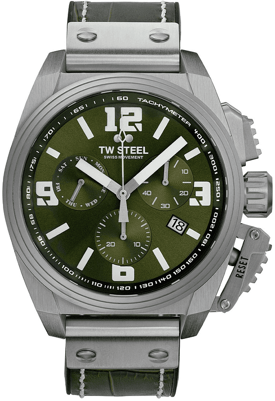 TW Steel TW1116 Canteen Swiss Chronograaf Herenhorloge 46mm met groene wijzerplaat en zilverkleurige kast. Luxe Swiss Made herenhorloge met tachymeter.