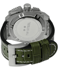Achterkant van de TW Steel TW1116 Canteen Swiss Chronograaf Herenhorloge 46mm met groene leren band en zilveren gesp, Swiss Made uurwerk zichtbaar.